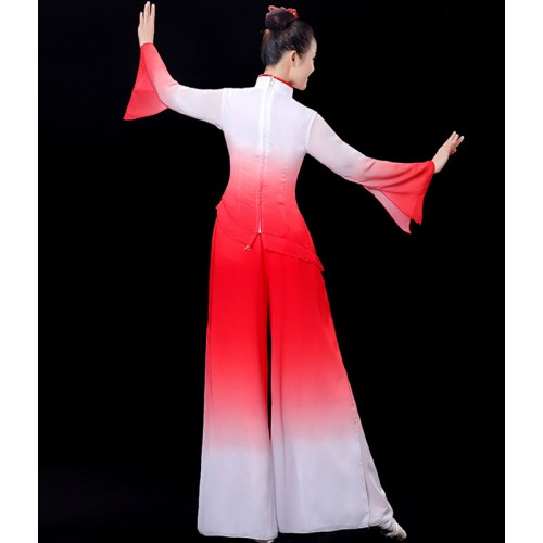 Red gradient colored chinese classical folk  dance costumes for women Chinese style ethnic fan umbrella dance dresses traditional yangko dance costumes